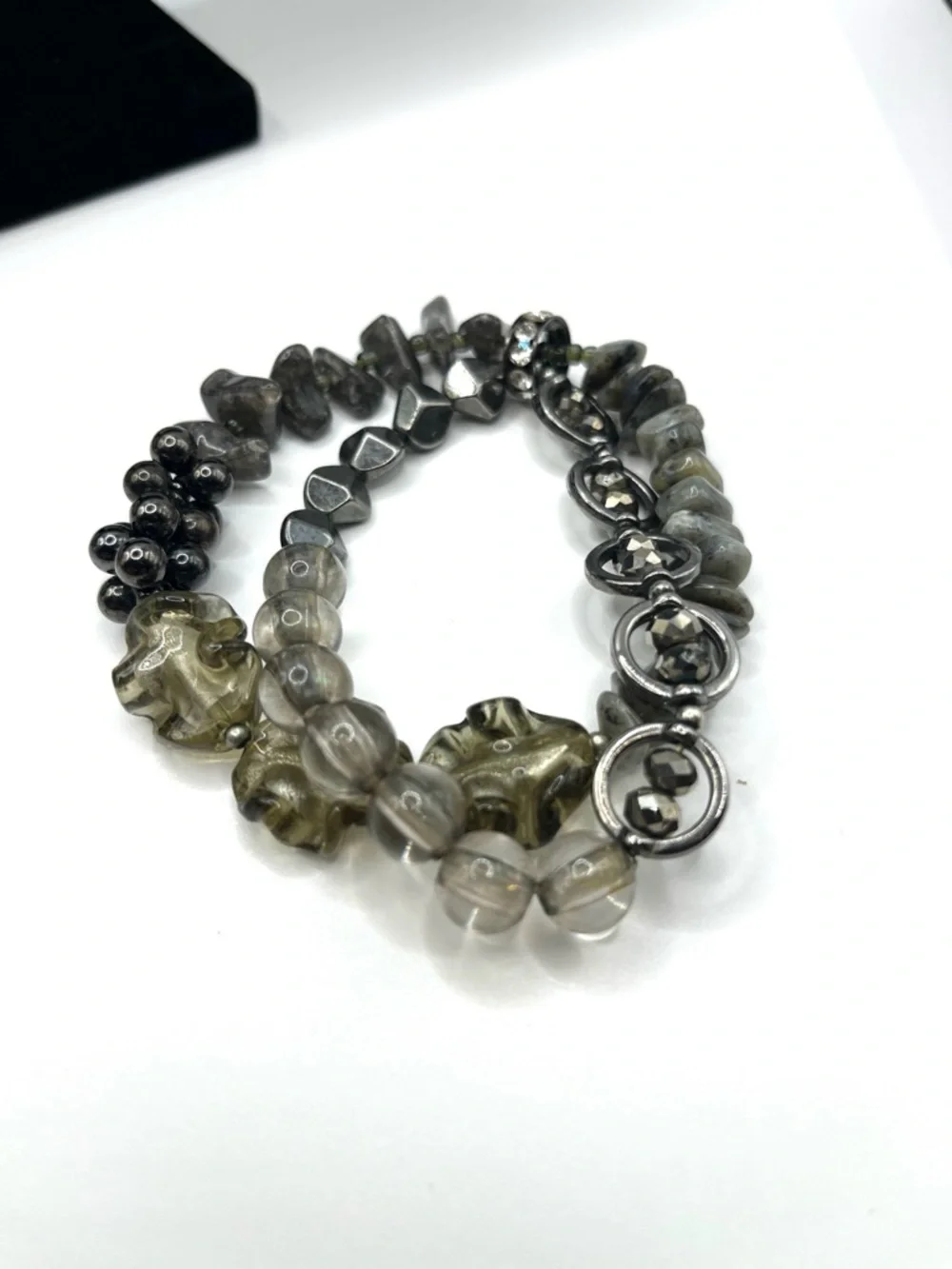 Treska Gray Beaded Silver Stretch Double Bracelet Set Gray Gun Metal Bracelets